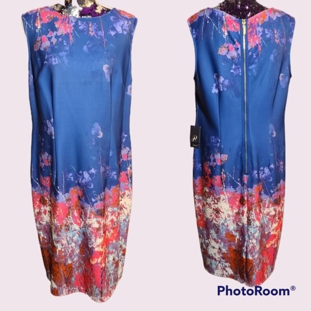 Coastal Cottagecore Adrianna Papell Blue‎ Floral Sheath Dress Size 14 NWT